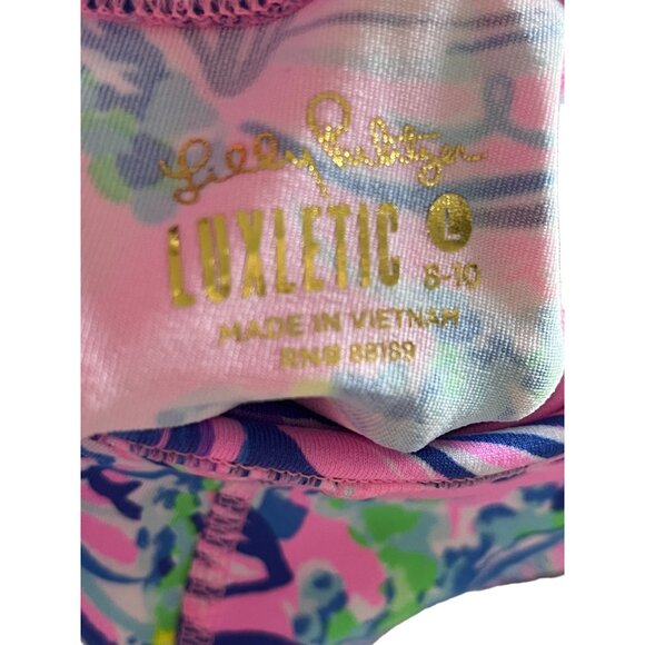 Lilly Pulitzer Luxletic Pink & Blue Leaf Print Leggings - Girls Size L-8/10 - Picture 2 of 3